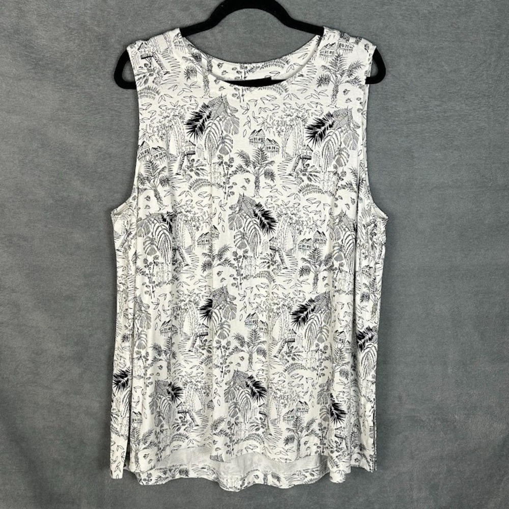J Jill Wearever Collection Top Womens 2X White Tropical Print Sleeveless Stretch